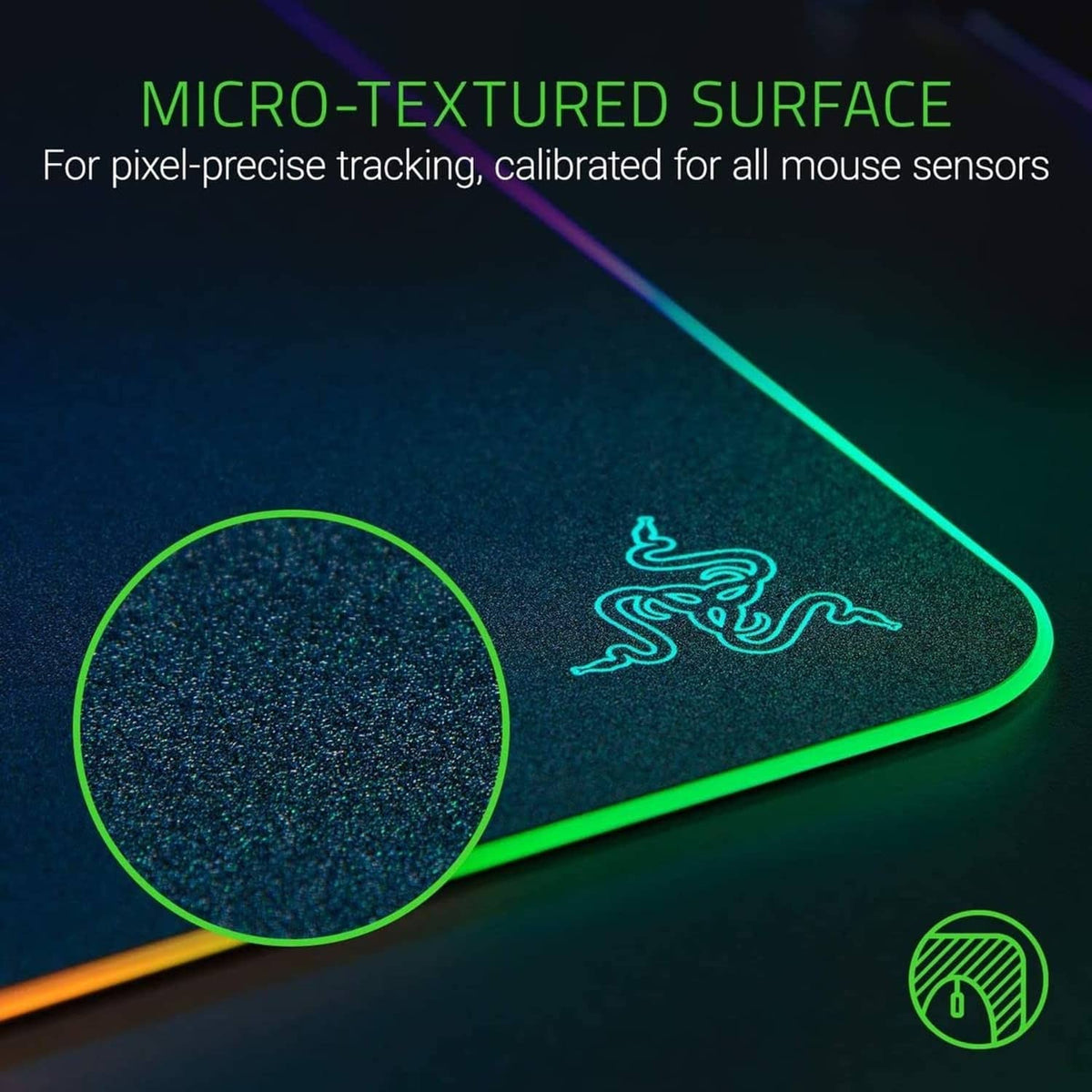 Micro-textured gaming mouse pad with Razer logo and RGB glowing edge trim