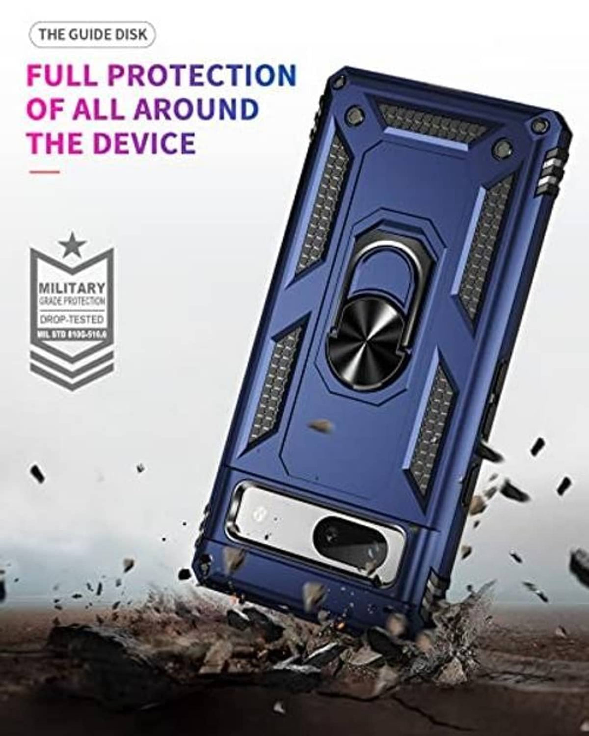 Blue rugged phone case with circular metal kickstand ring and textured grip