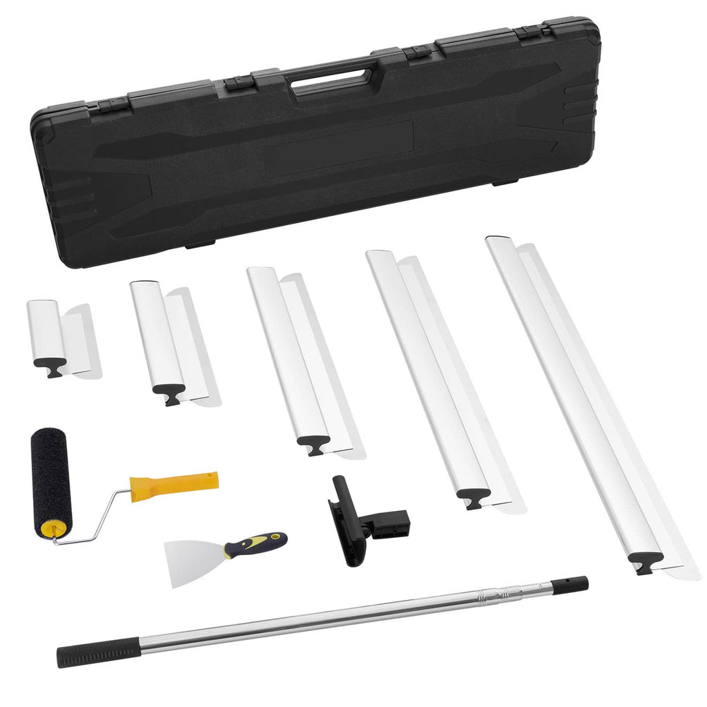 Drywall skimming blade set with black case, white blades, roller cover, and metal handle