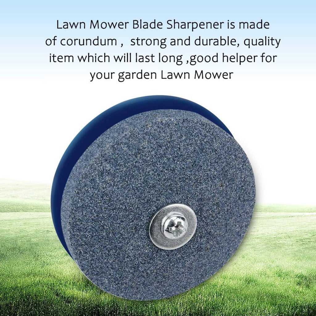 Round dark blue abrasive sharpening wheel for lawn mower blades with center screw
