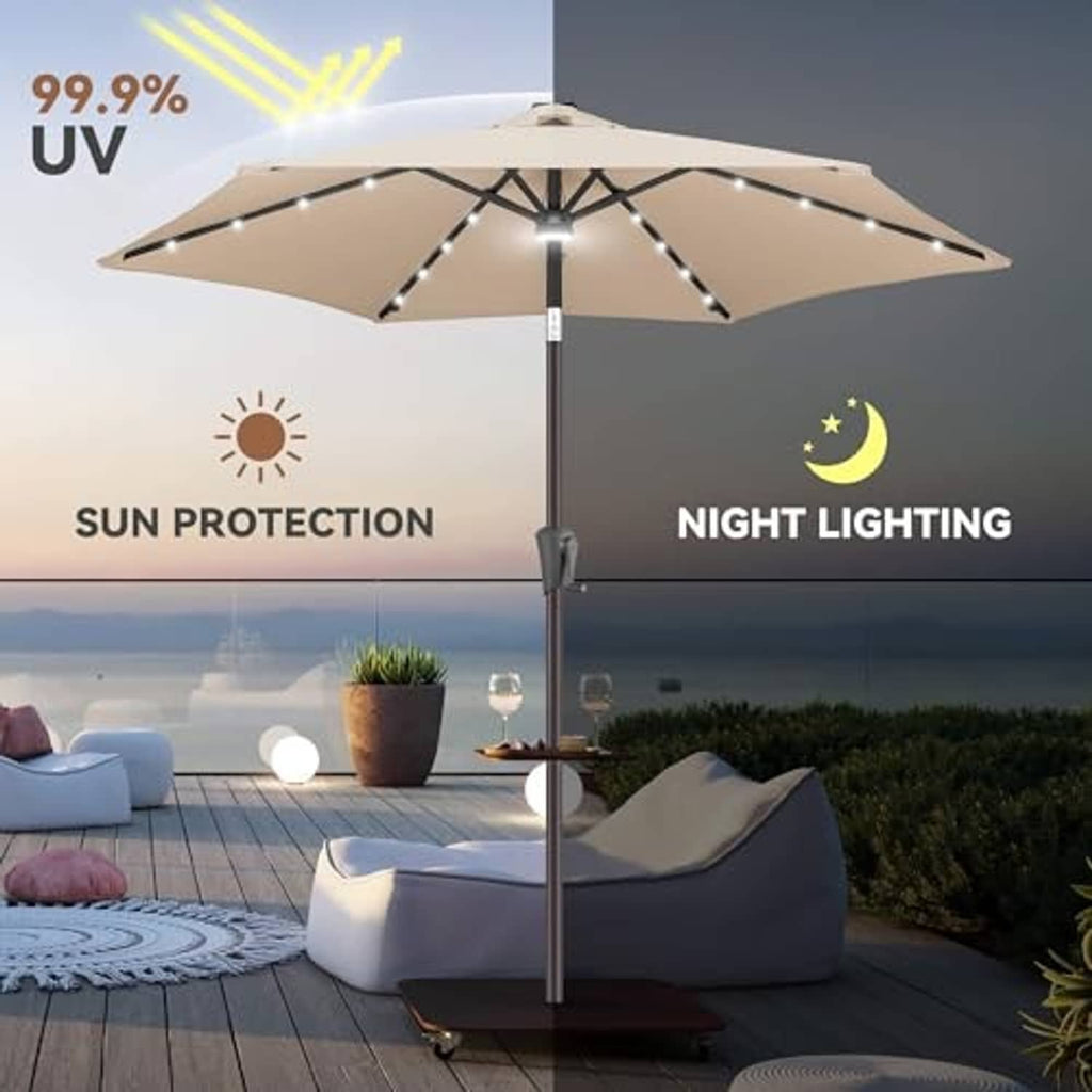 Beige solar patio umbrella with center light, LED strips, and open canopy for evening.