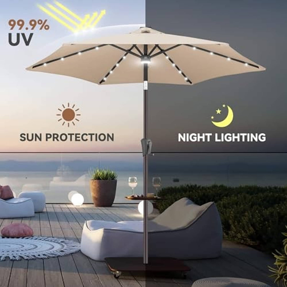 Beige solar patio umbrella with center light, LED strips, and open canopy for evening.