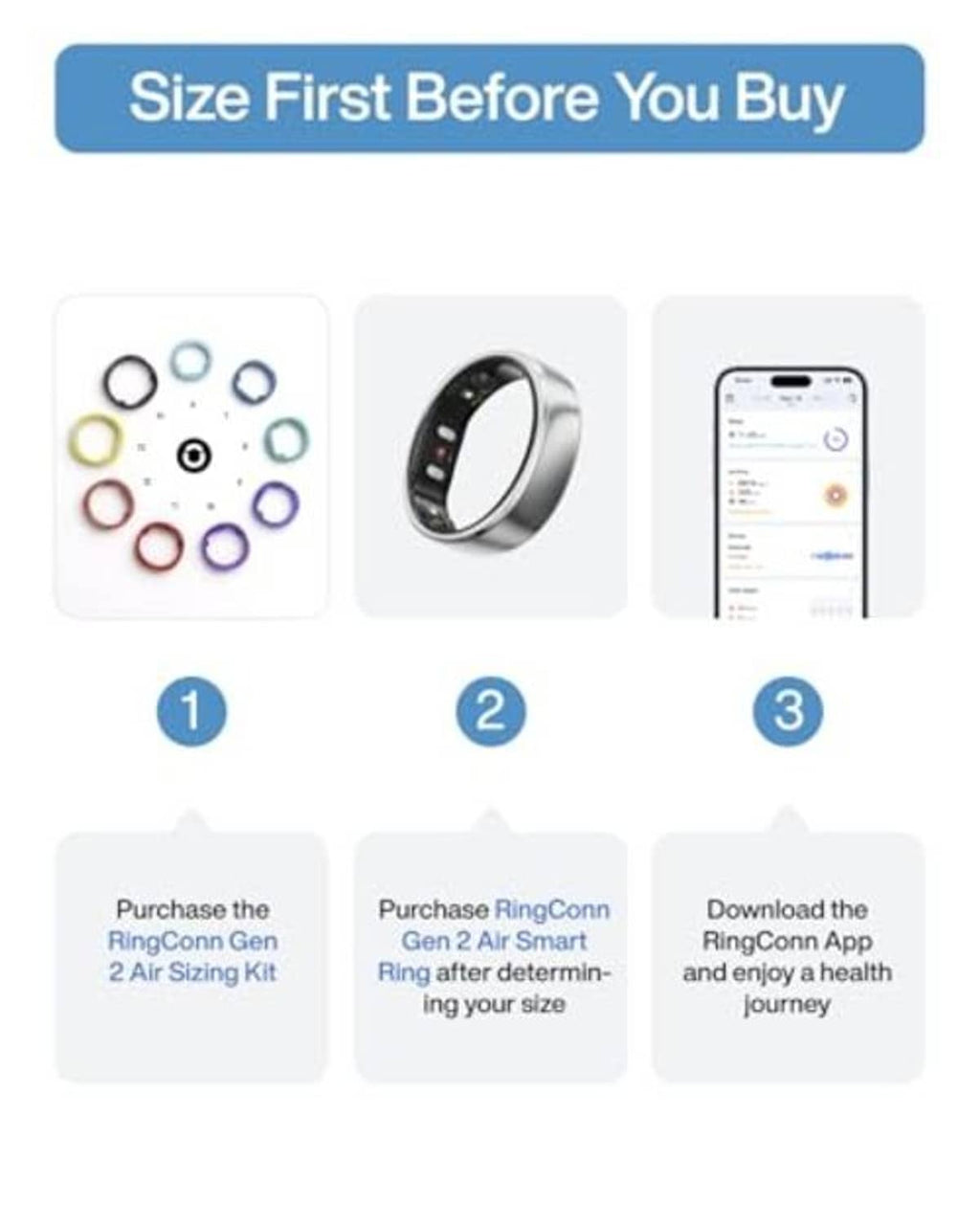 Silver smart ring with sizing and app-step icons