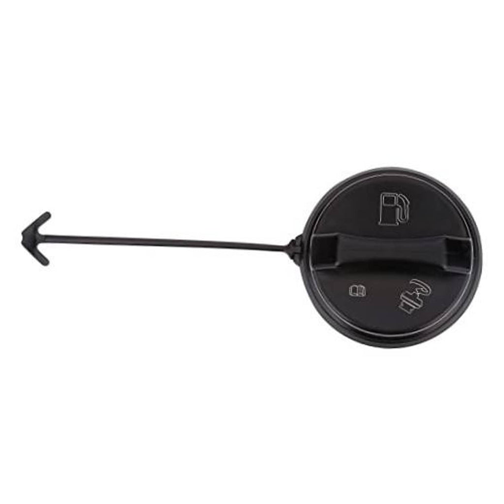 Black fuel tank filler cap with tether rod and rectangular latch icon