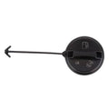 Black fuel tank filler cap with tether rod and rectangular latch icon