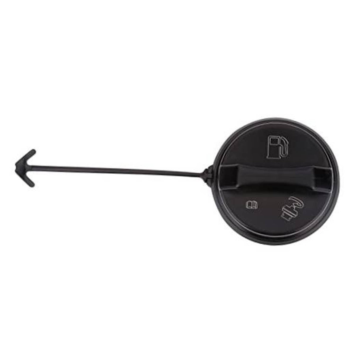 Black fuel tank filler cap with tether rod and rectangular latch icon