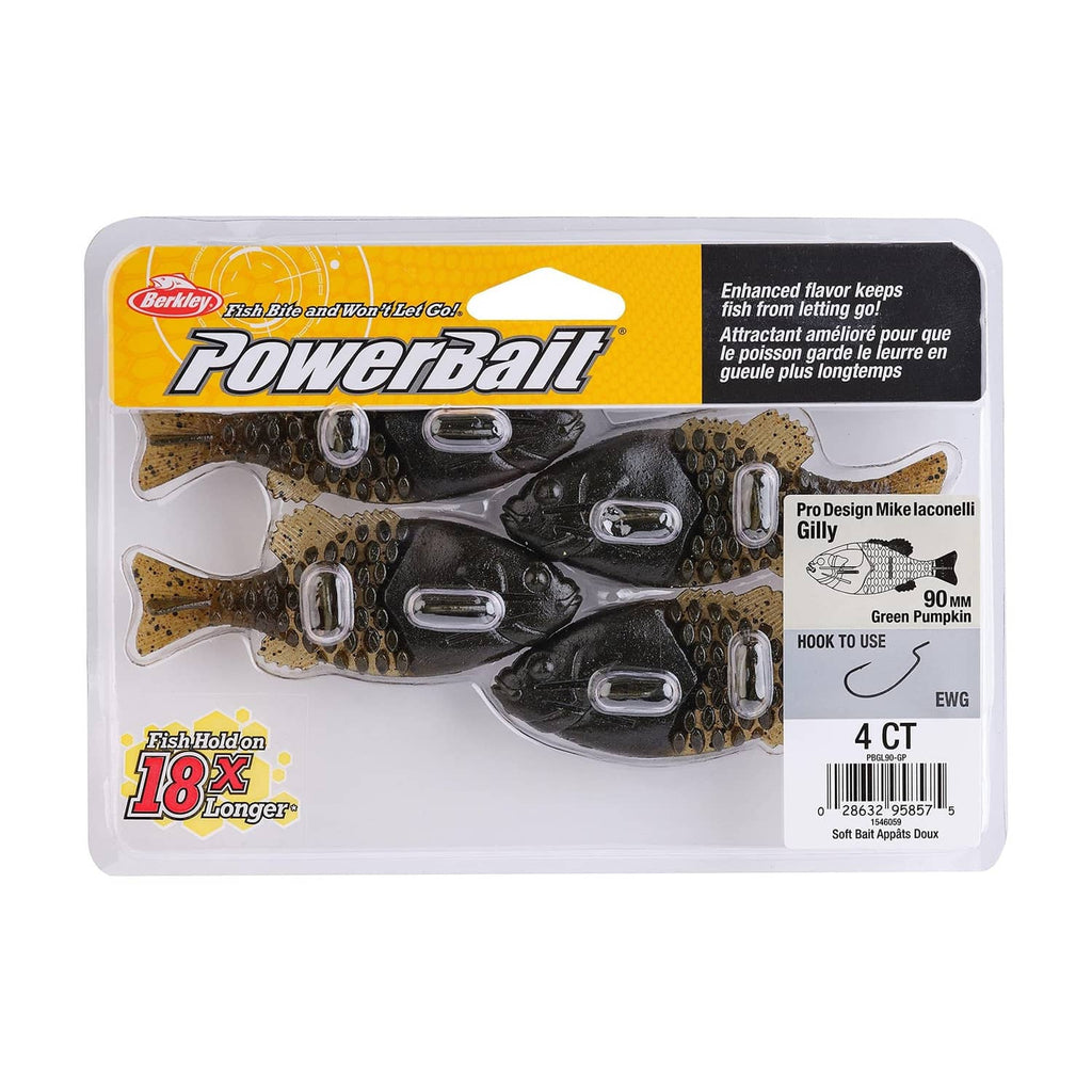 PowerBait Gilly soft bait package, 90mm, Green Pumpkin, 4 count