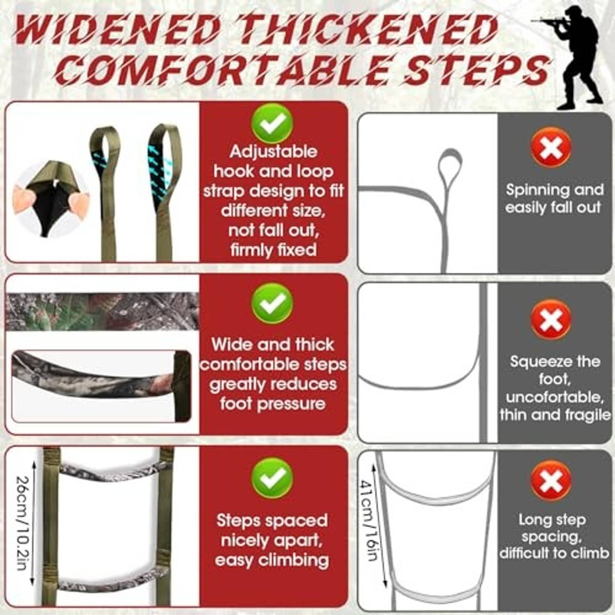 Green climbing stick aider showing wide cushioned steps and adjustable hook-and-loop straps