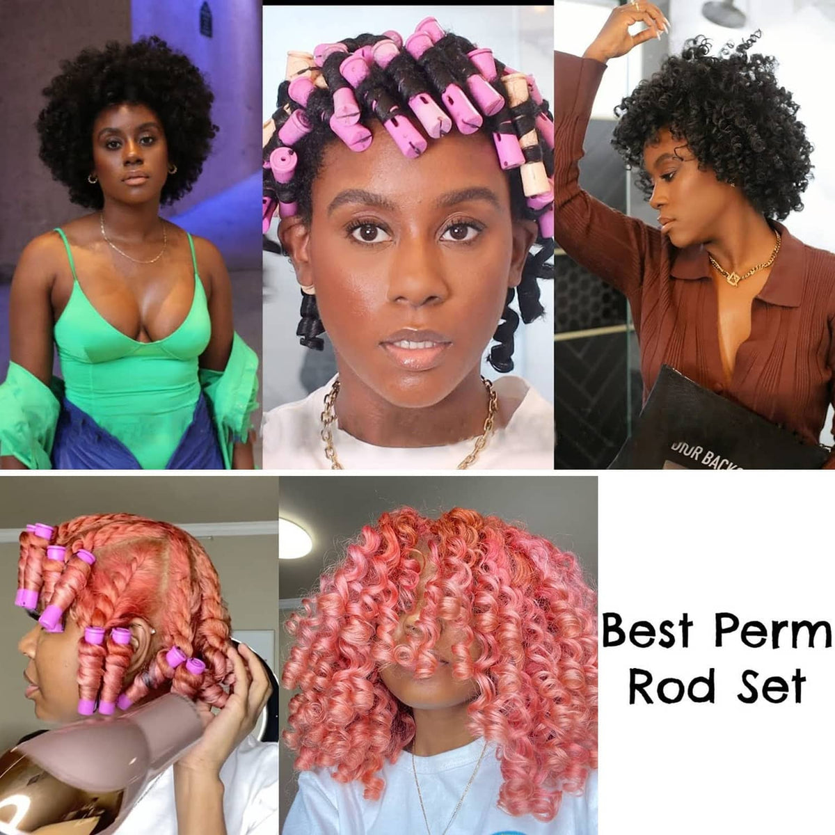 Purple perm rods on hair and styled curly results, multi-angle collage of looks