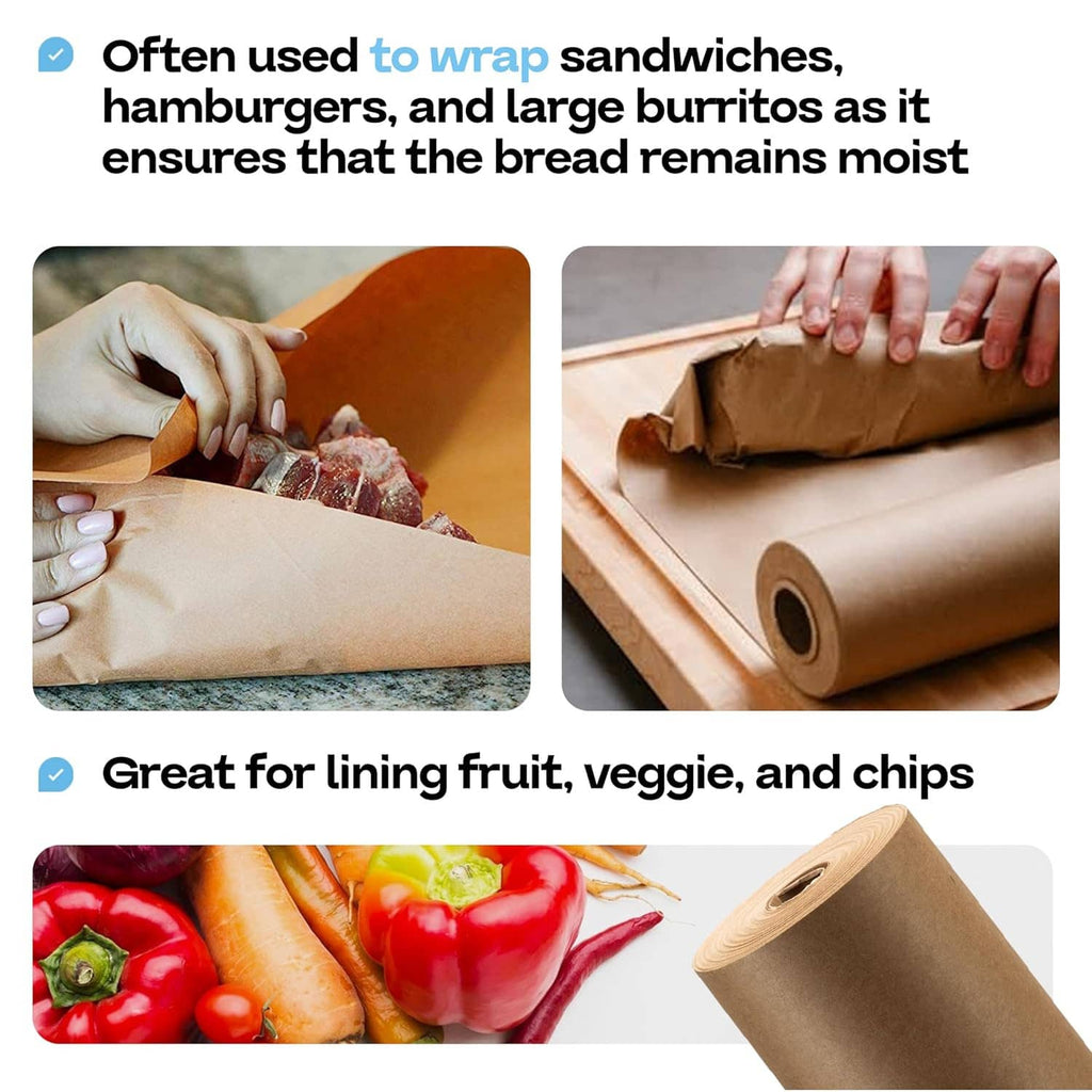 Brown freezer paper roll wrapping food with hands on a countertop