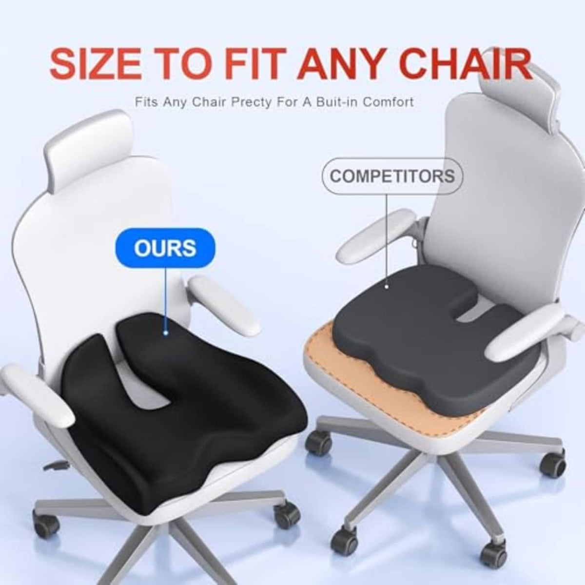 Black coccyx seat cushion for office chairs, contoured ergonomic design