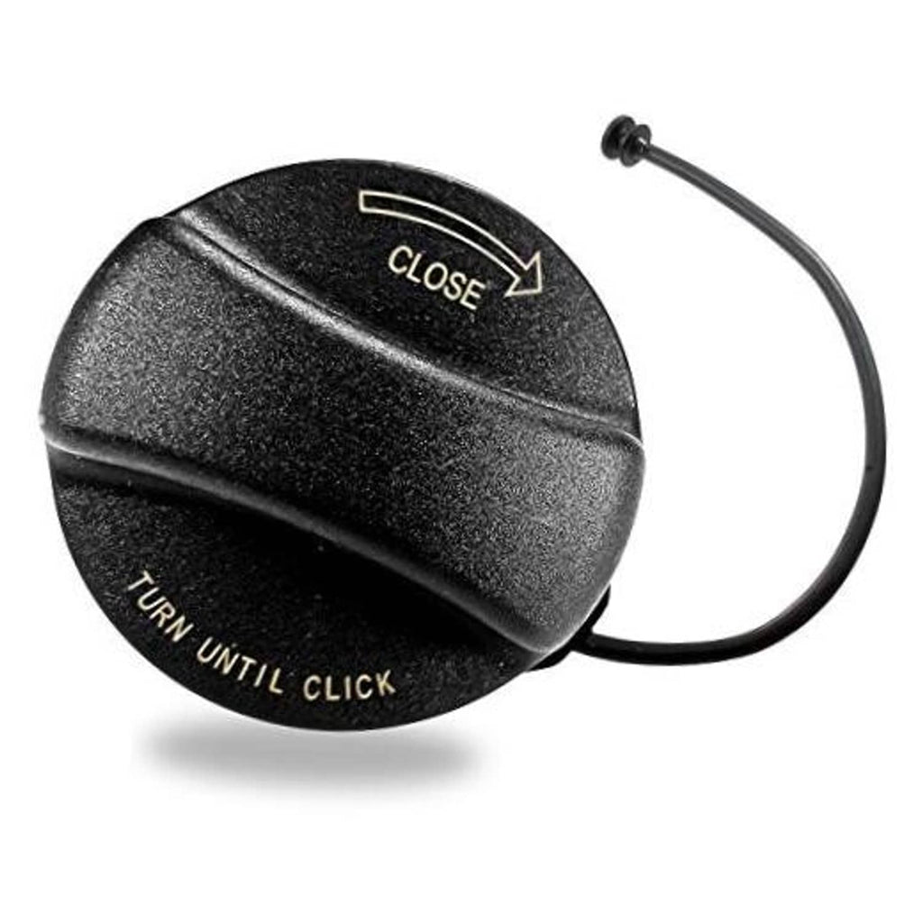 Fuel tank gas cap with CLOSE arrow and TURN UNTIL CLICK text, with attached cable
