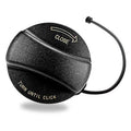 Fuel tank gas cap with CLOSE arrow and TURN UNTIL CLICK text, with attached cable