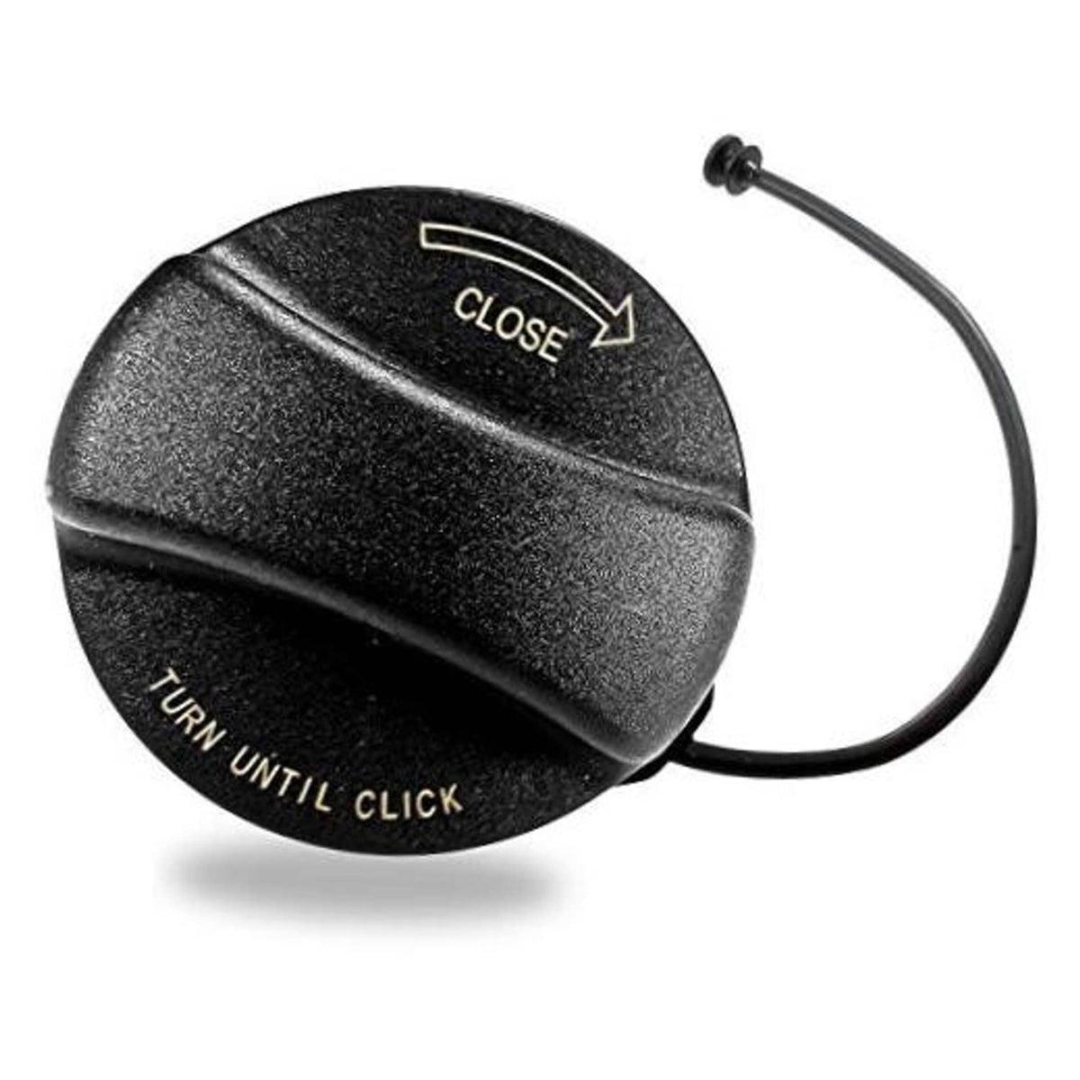 Fuel tank gas cap with CLOSE arrow and TURN UNTIL CLICK text, with attached cable