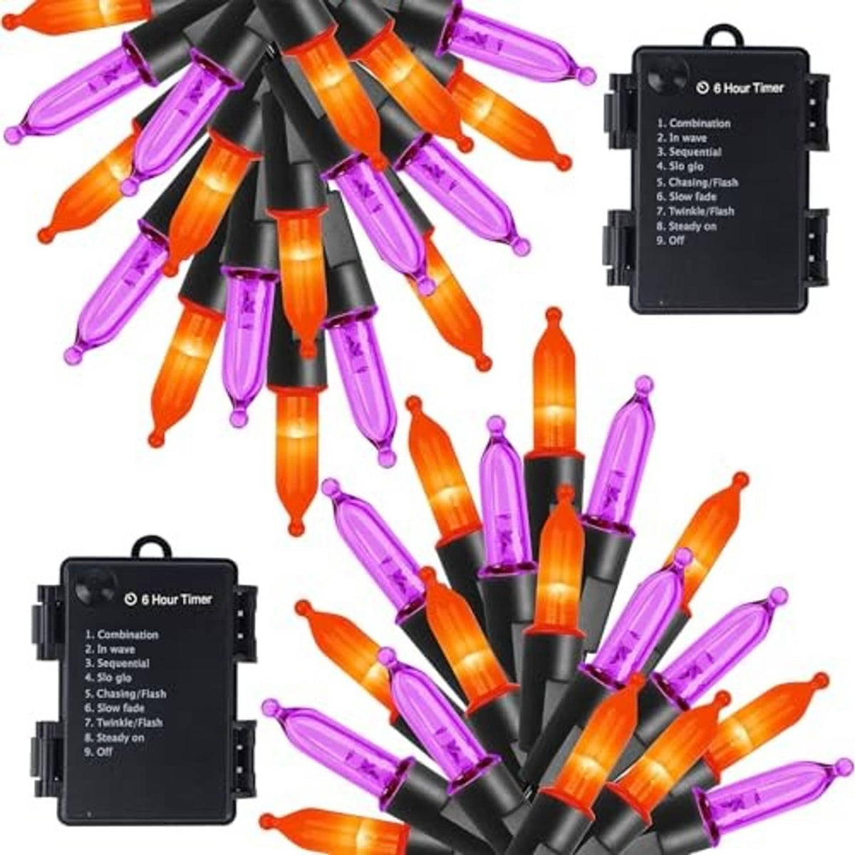 Orange and purple mini LED string lights set with black wires and timer units