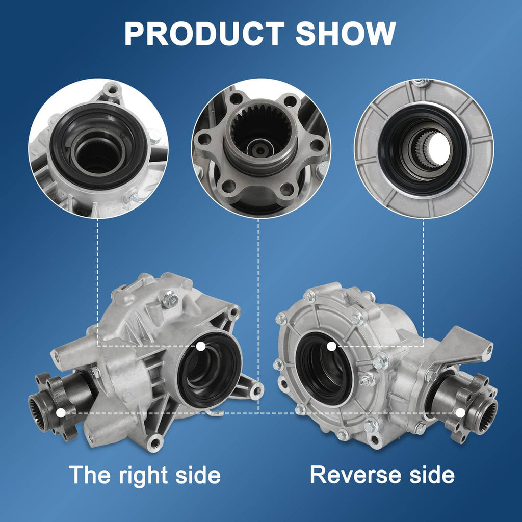 Differential assembly product diagram with side and reverse-view cutaway housings