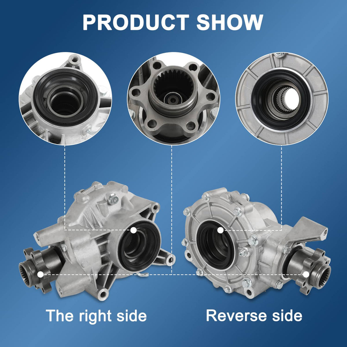 Differential assembly product diagram with side and reverse-view cutaway housings