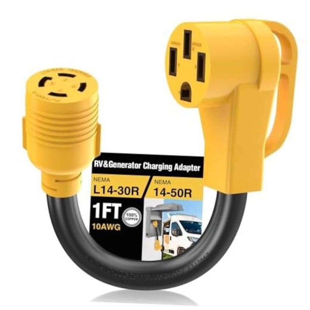 Yellow L14-30R to 14-50R RV generator adapter cord with black 10AWG cable