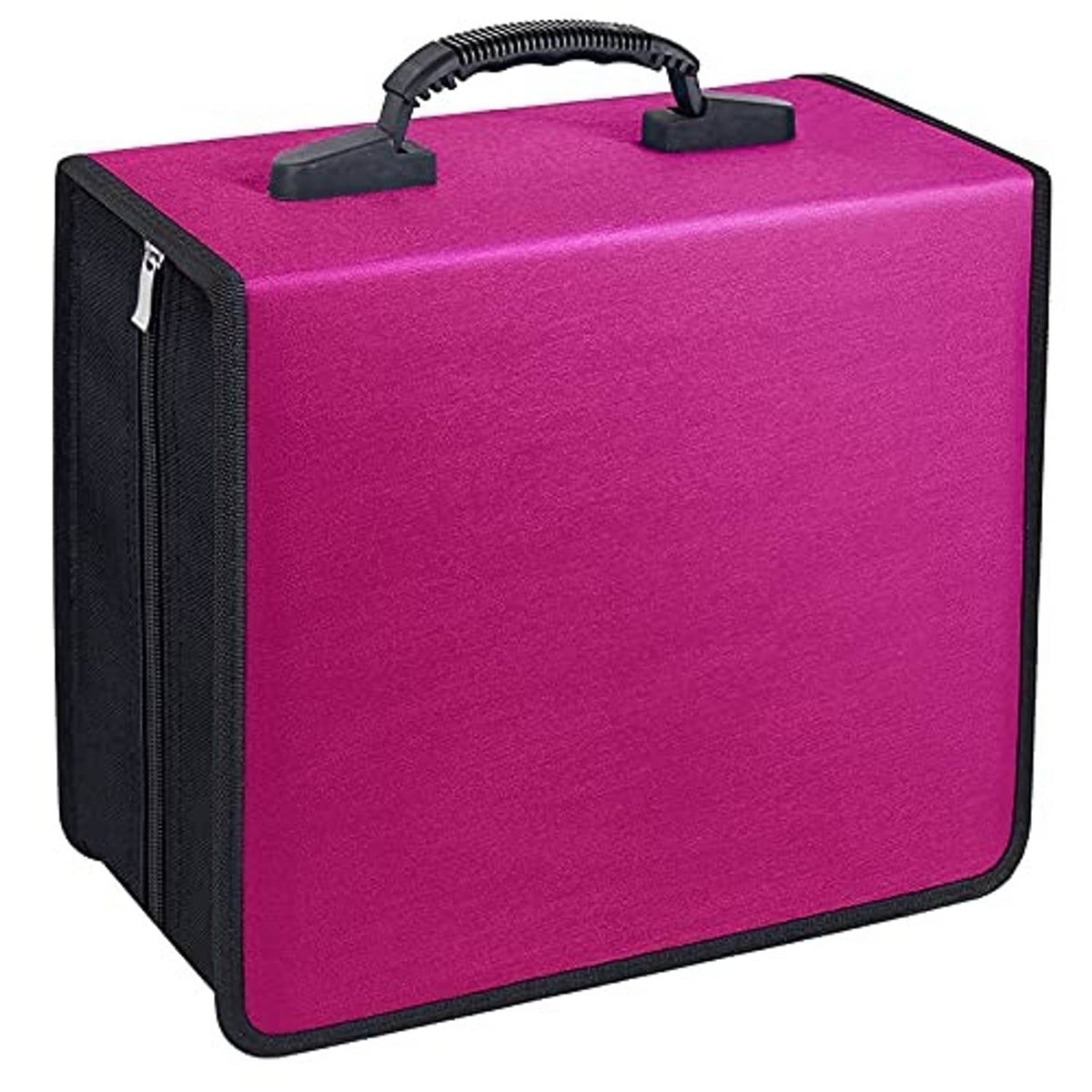 Magenta CD storage case with black edge trim and top carry handles, closed