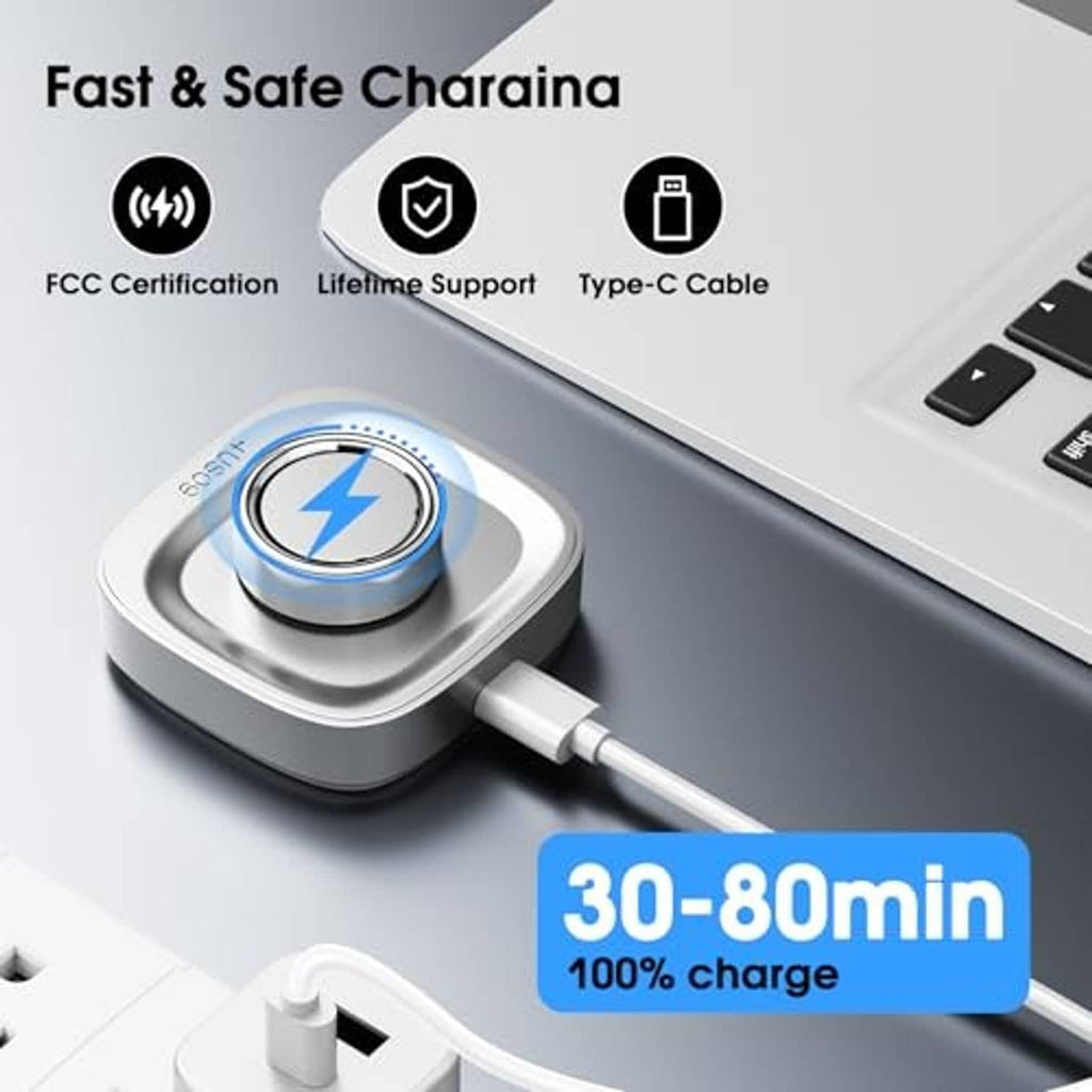 Charging dock with blue LED ring top and USB-C cable