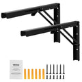 Heavy-duty black folding shelf brackets with mounting screws and instructions