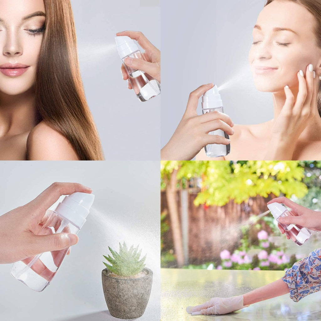 Fine-mist spray bottle in hand, used for face and hair misting