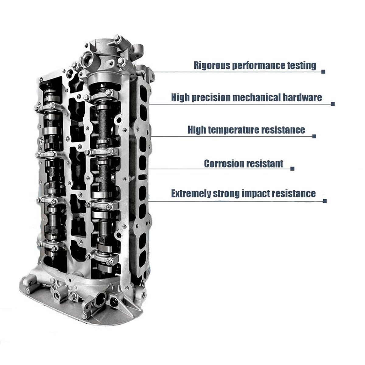 Engine cylinder head assembly showing stacked internal rocker and cam components