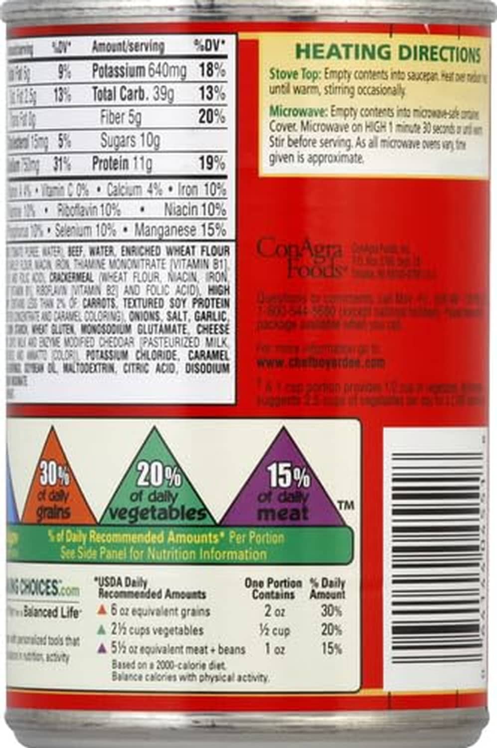 Back label with heating and ingredient details on Chef Boyardee Overstuffed Beef Ravioli can