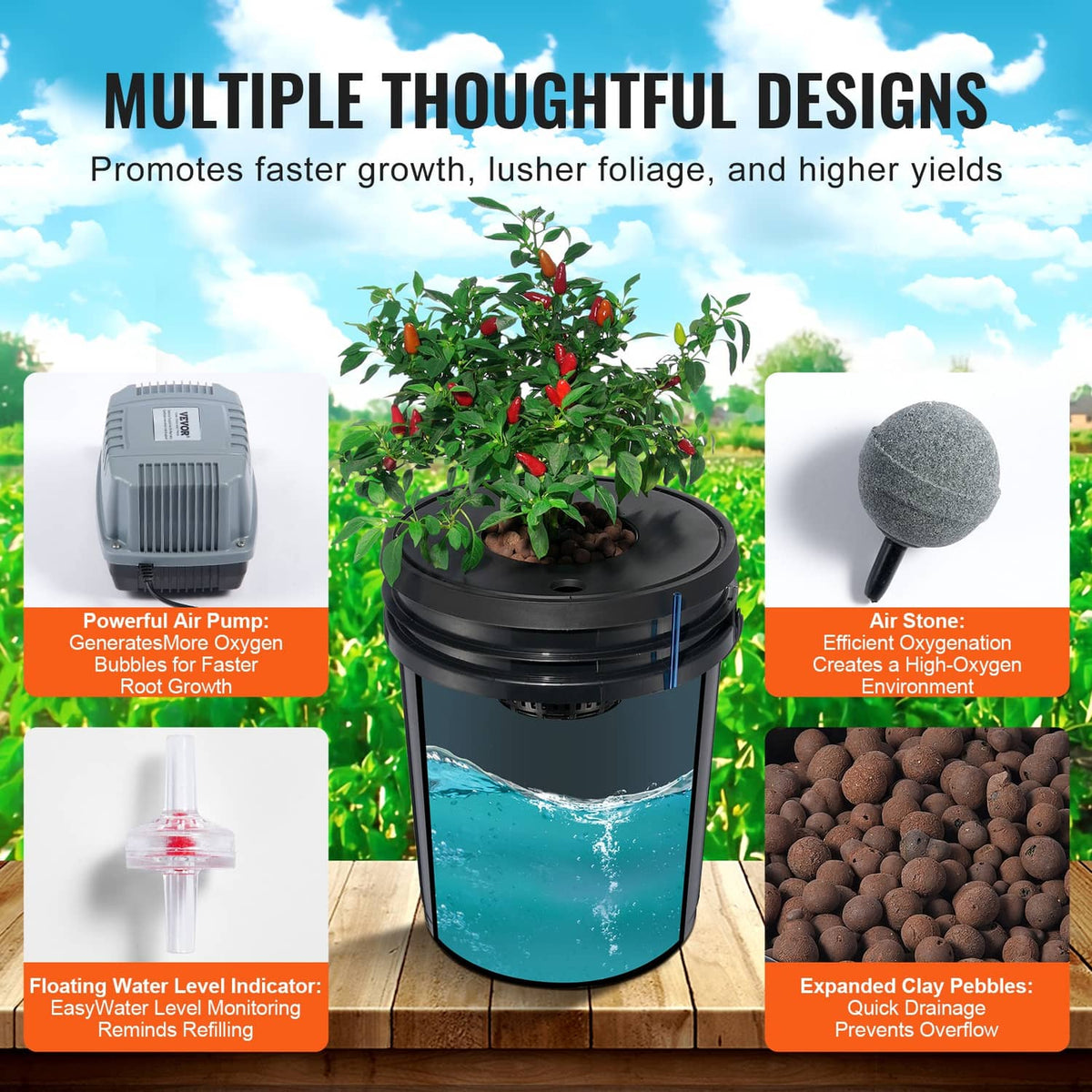 Hydroponic air-pump system with black bucket, air stone, and clay pebble grow media