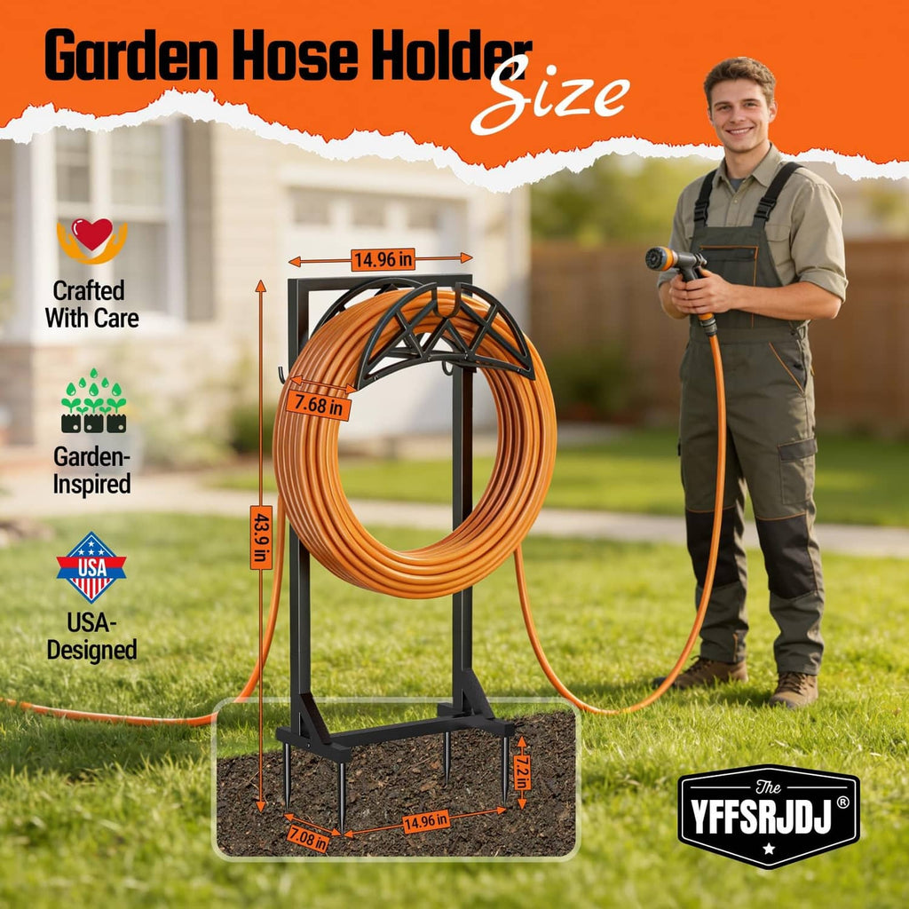 Garden hose holder stand with orange hose coil, green nozzle, and black base.