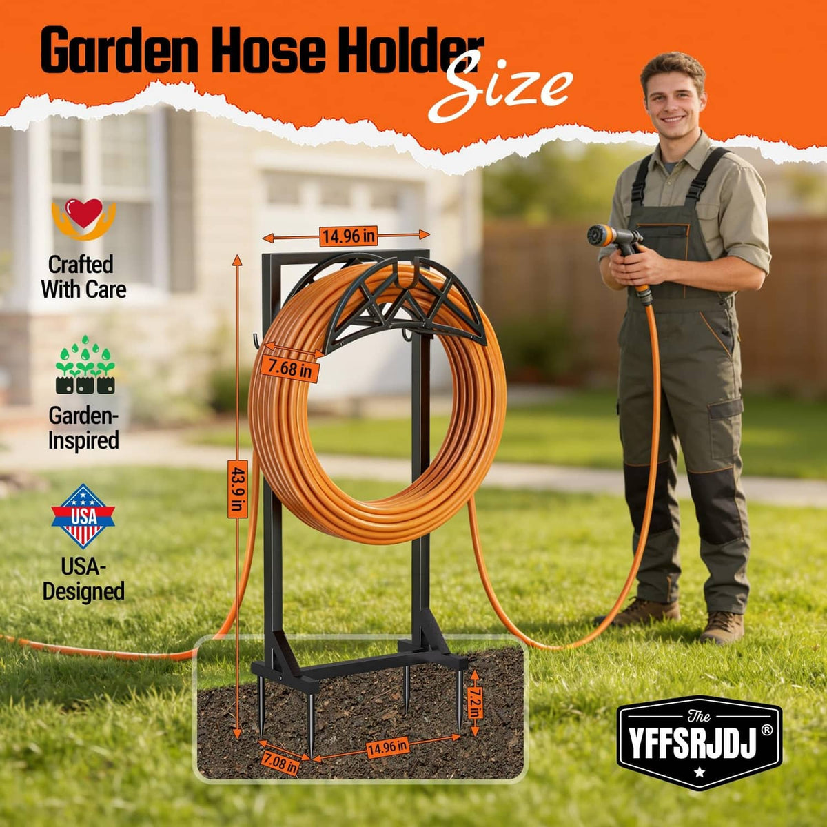 Garden hose holder stand with orange hose coil, green nozzle, and black base.