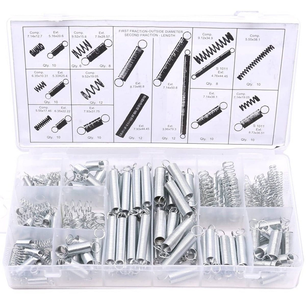 Zinc-plated spring assortment kit in clear organizer box with mixed hardware pieces