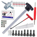 Quick tire valve stem core change tool kit with long handle, T-hook, and valve caps