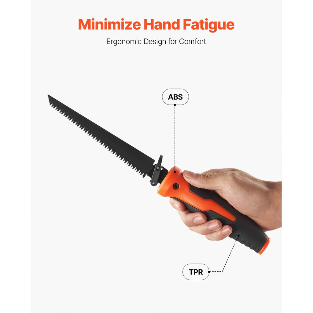 Orange keyhole saw in hand with ergonomic soft-grip handle for reduced fatigue