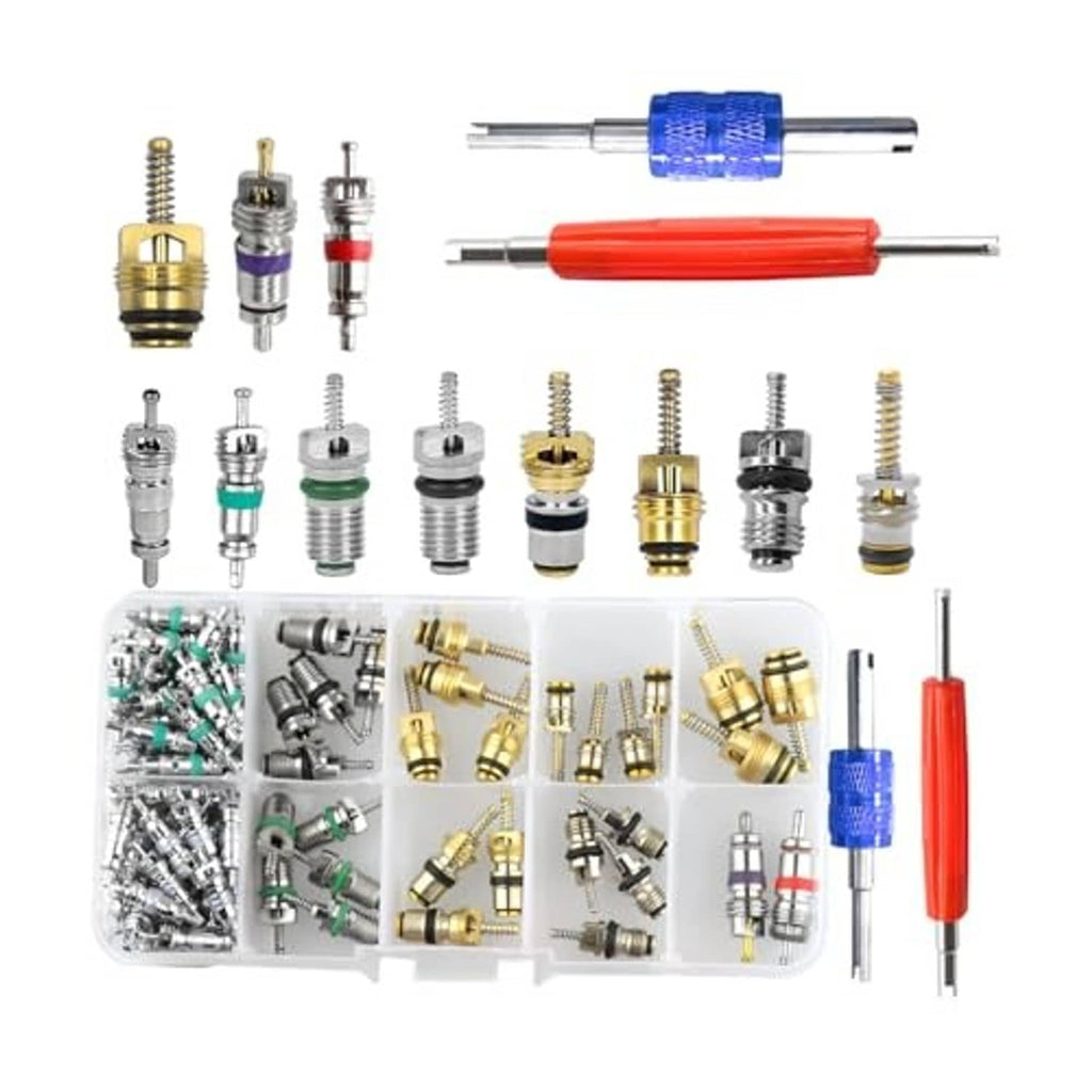 Car A/C valve core accessory kit showing assorted brass, silver, and black fittings