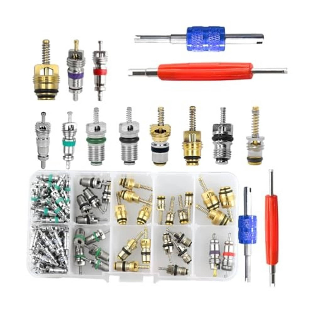 Car A/C valve core accessory kit showing assorted brass, silver, and black fittings
