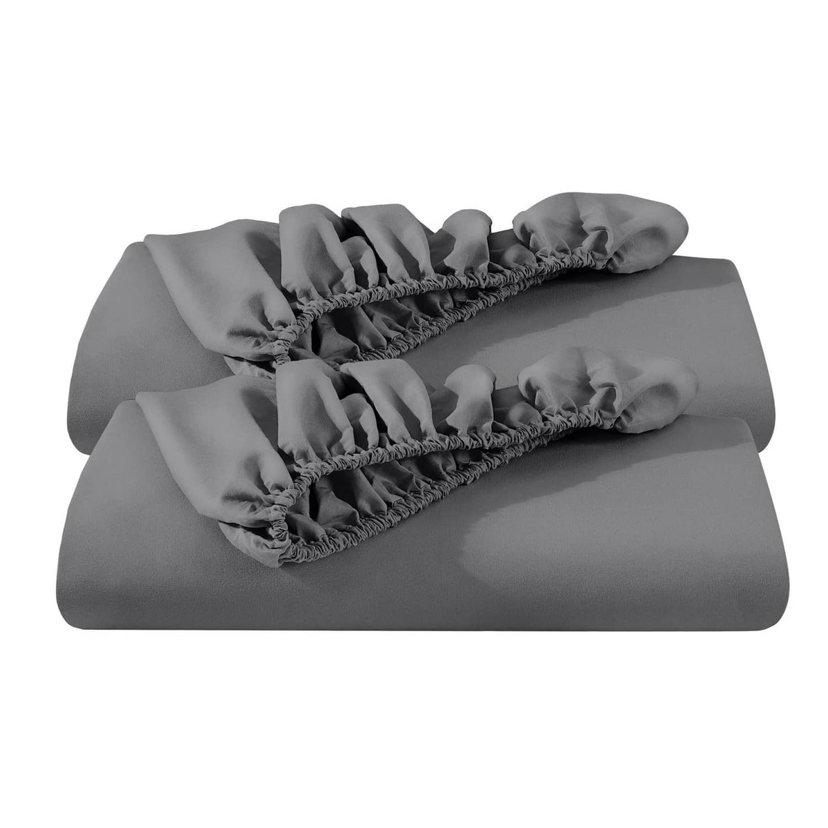 Grey fitted sheet set folded with gathered elastic edges
