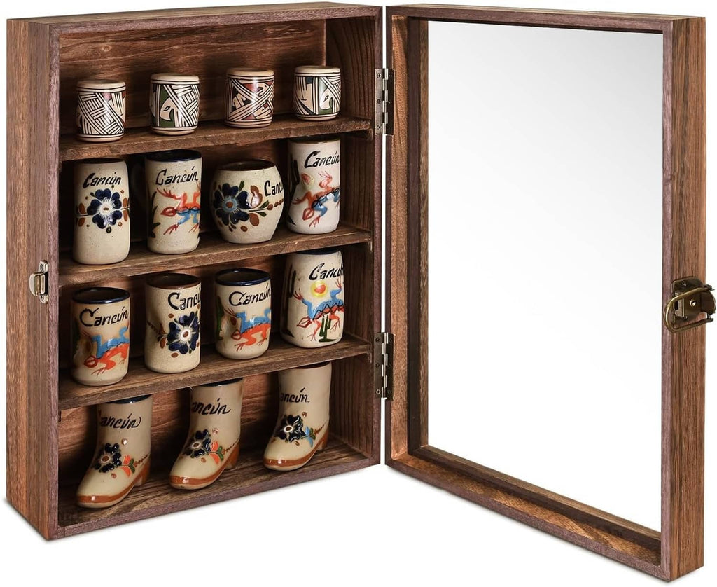 Wooden display cabinet with glass door open, filled with ceramic cans on shelves.