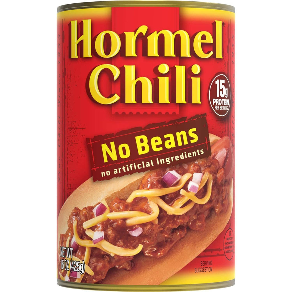 Hormel chili can, No Beans label, 15g protein