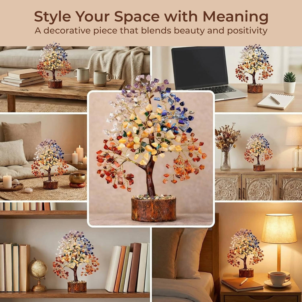 Chakra-style crystal tree ornament with multicolor branches and round wooden base