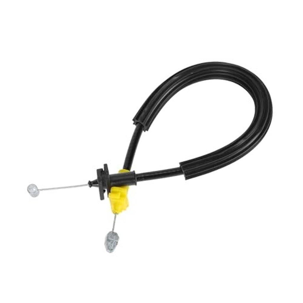 Coiled black door latch cable with yellow connector and metal link ends