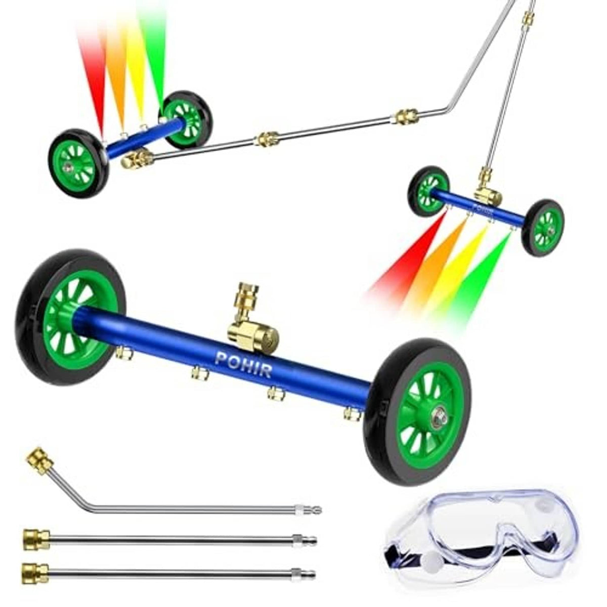 Blue undercarriage pressure washer attachment with green wheels, metal wands, and brass couplers