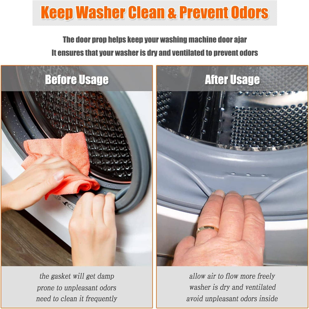 Washer door prop and stopper: orange rubber wedge to hold front-load washer door open