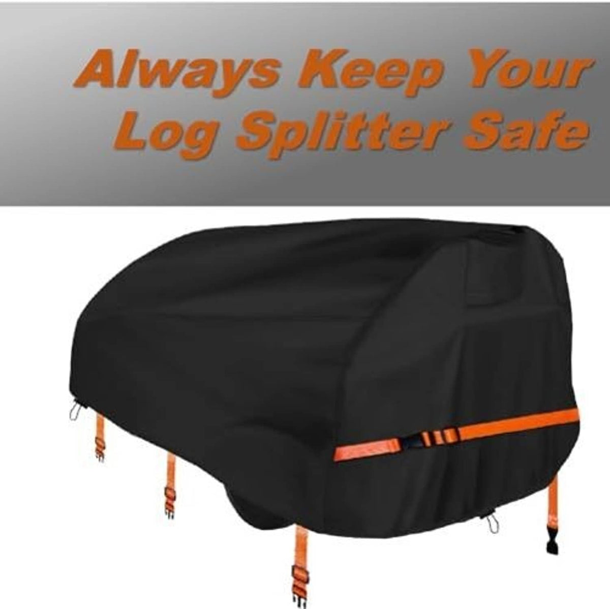 Black log splitter cover with orange stripe, hooded top with elastic hem cords