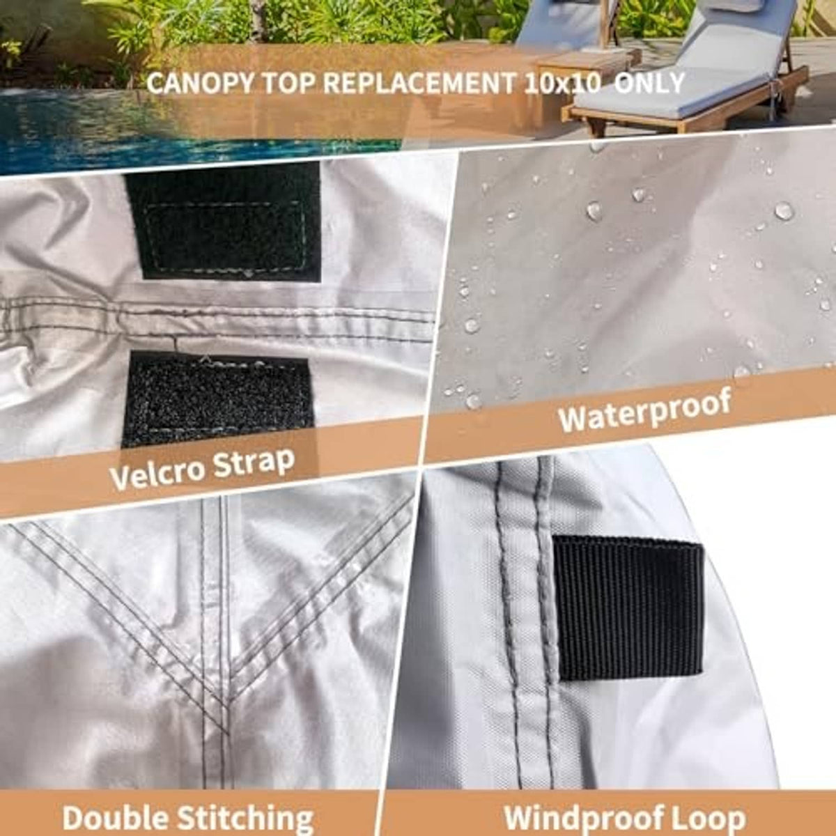 Khaki canopy top replacement fabric with Velcro strap and waterproof stitching