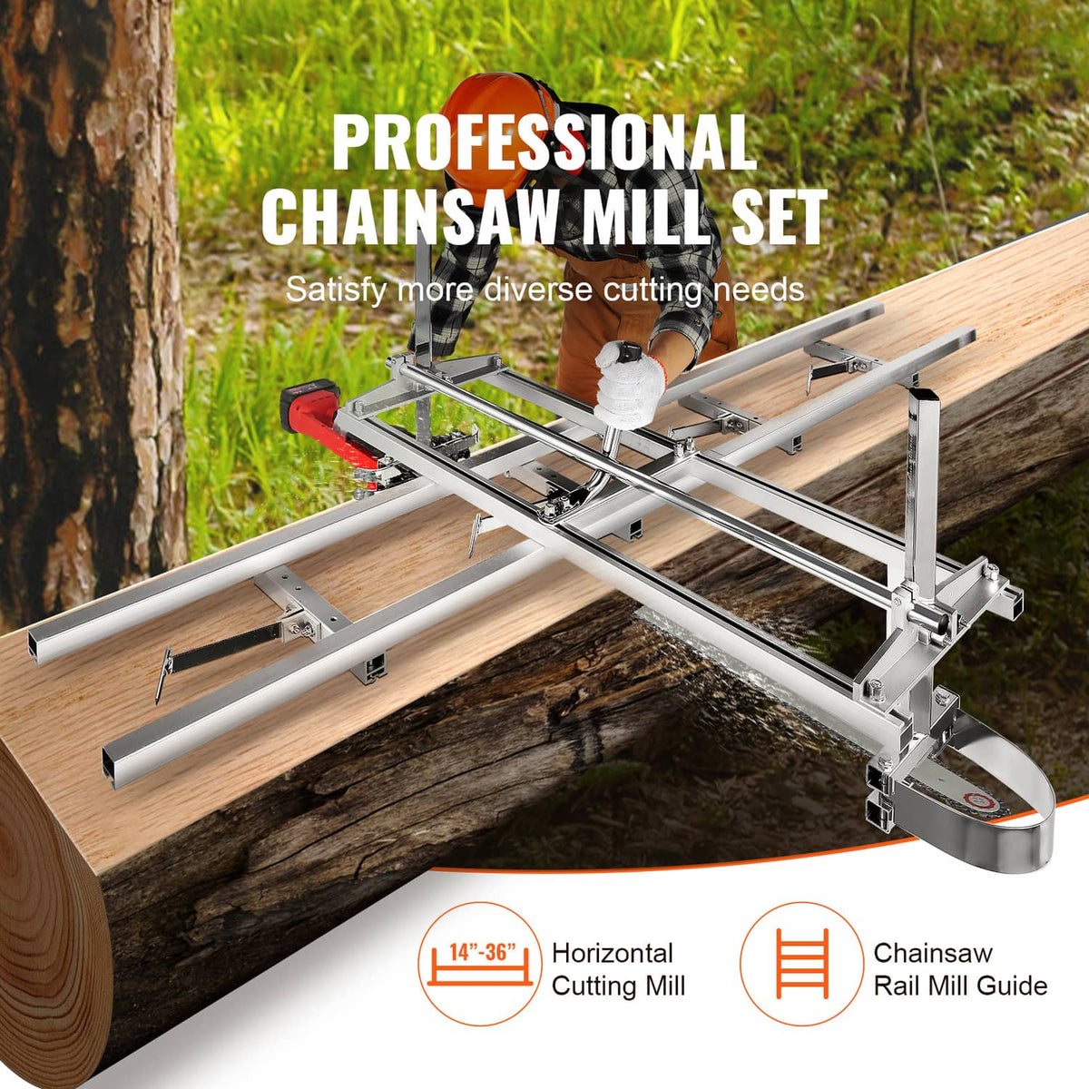 Chainsaw mill guide rail system clamped onto a log for straight cuts
