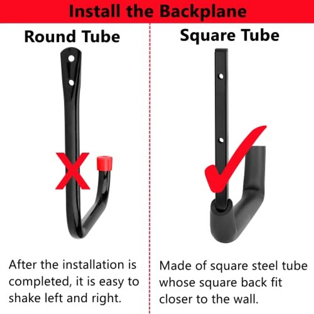 Black garage wall hook with square-tube design and mounting holes for screws