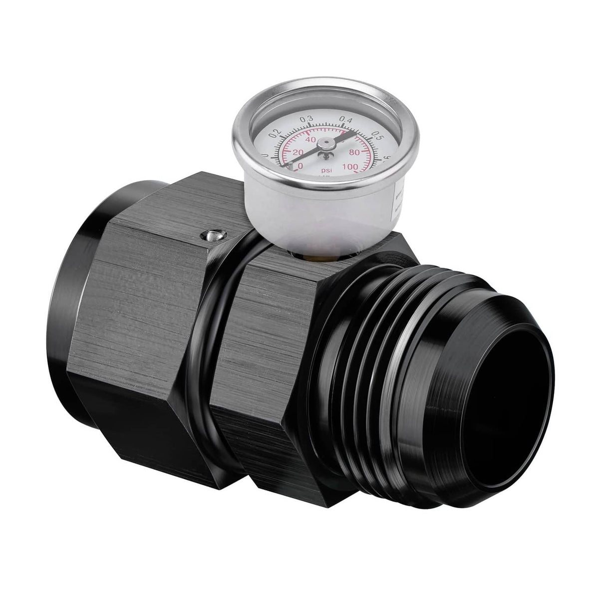 Black aluminum AN16 fitting with mounted pressure gauge and side connection