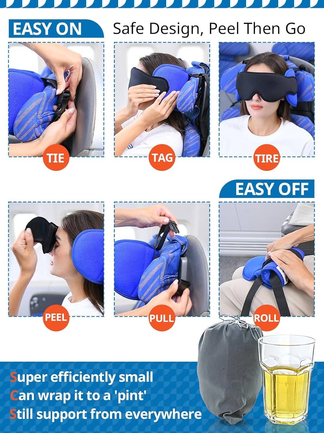 Travel neck pillow with tie straps and wrap-around headrest design