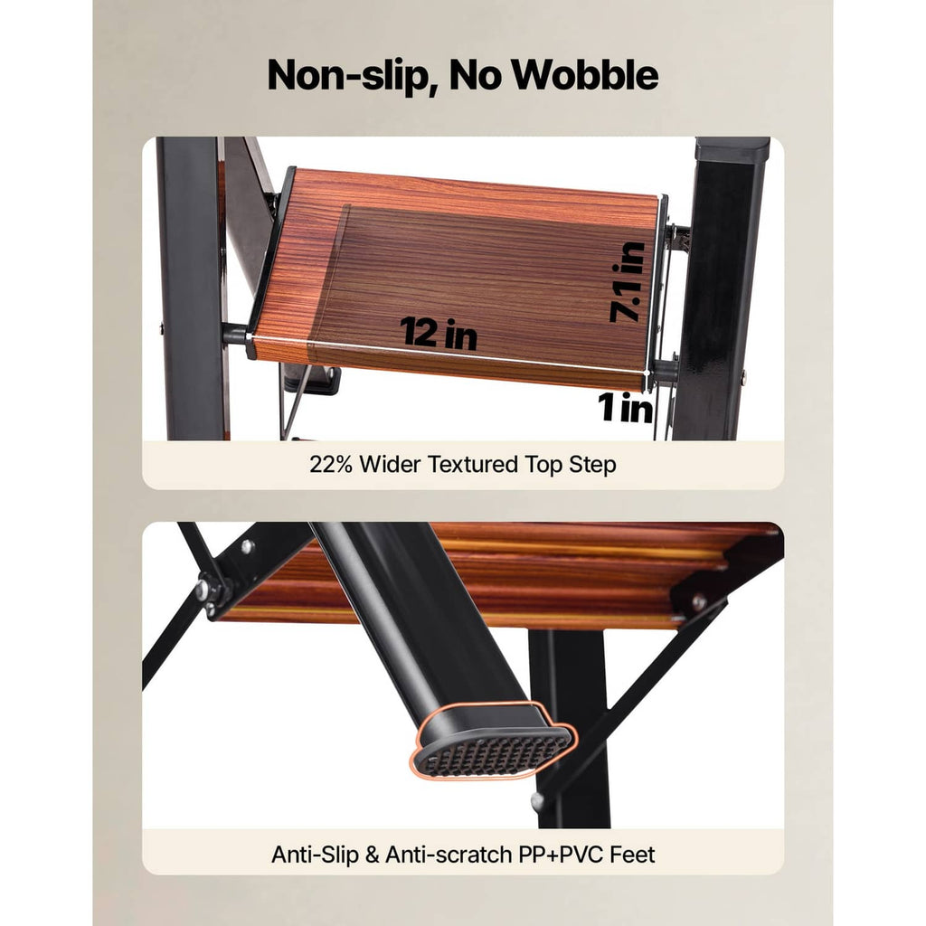 Ladder top step with 22% wider textured tread and anti-slip PP+PVC feet